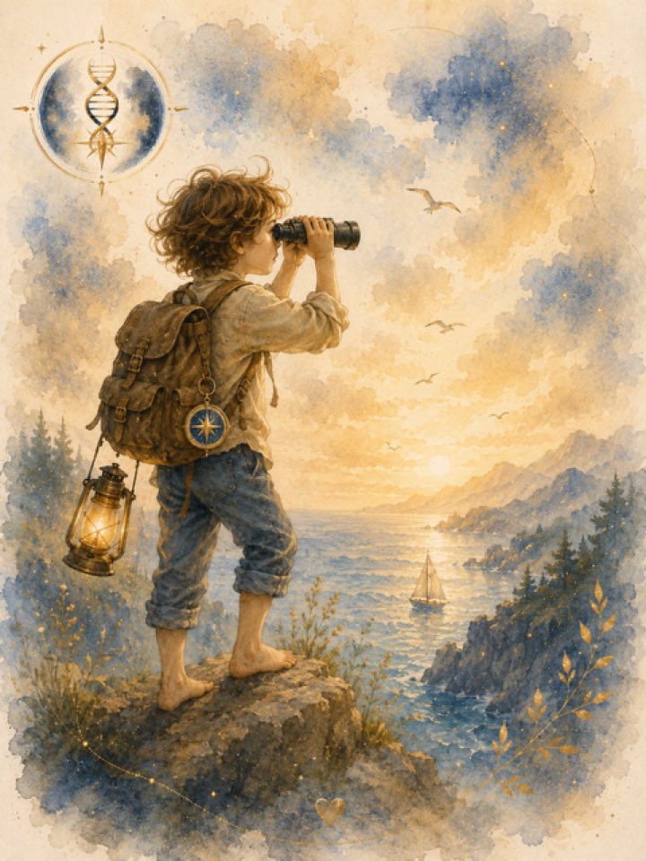 Aquarell: Ein Kind schaut durch ein Fernglas