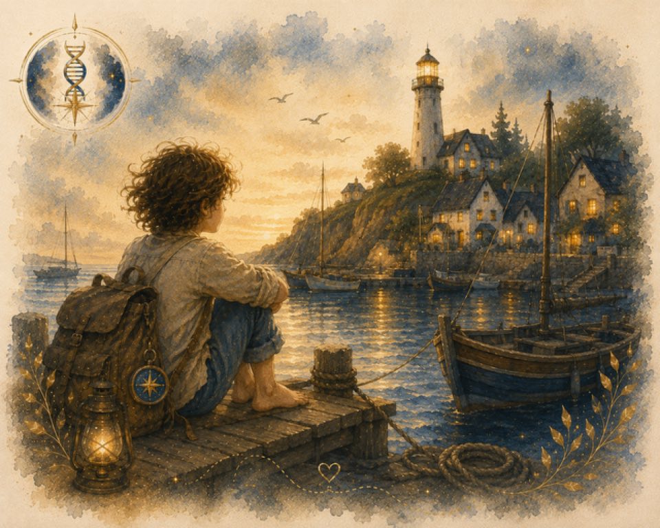 Aquarell: Ein Boot läuft am Abend in einen sicheren Hafen ein