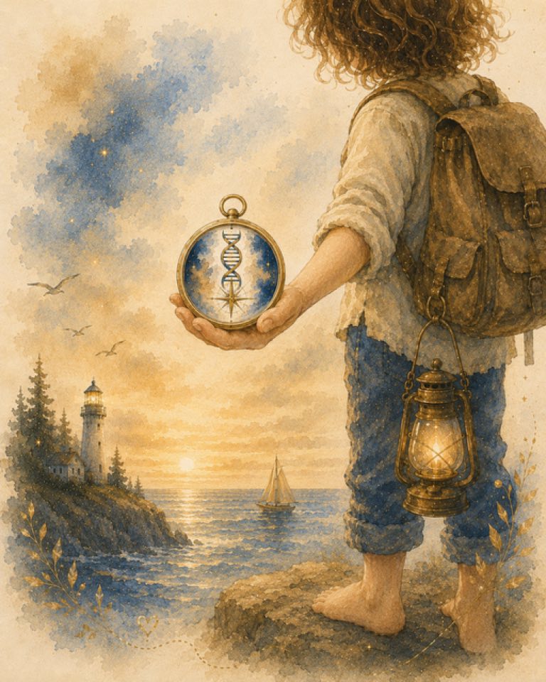 Aquarell: Eine Kinderhand hält einen Kompass