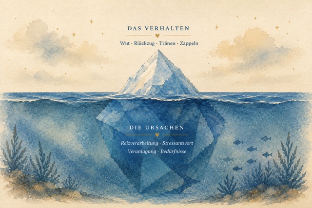 Eisbergmodell: Über der Wasserlinie das sichtbare Verhalten, darunter die Ursachen wie Reizverarbeitung, Stressantwort, Veranlagung und Bedürfnisse